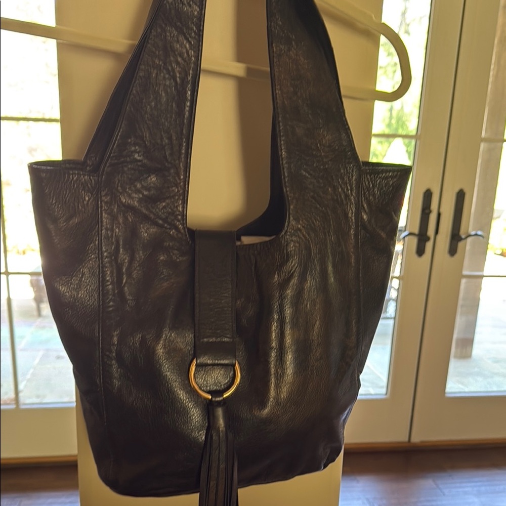 LAGGO Bronze Leather Shoulder Bag with Tassel Detail